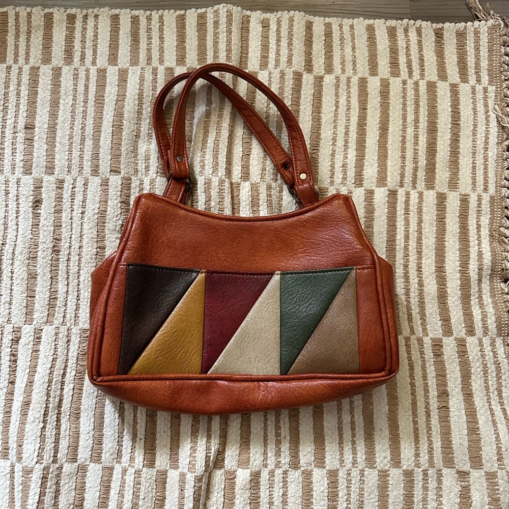 Vintage Brown and Red Geometric Shoulder Bag